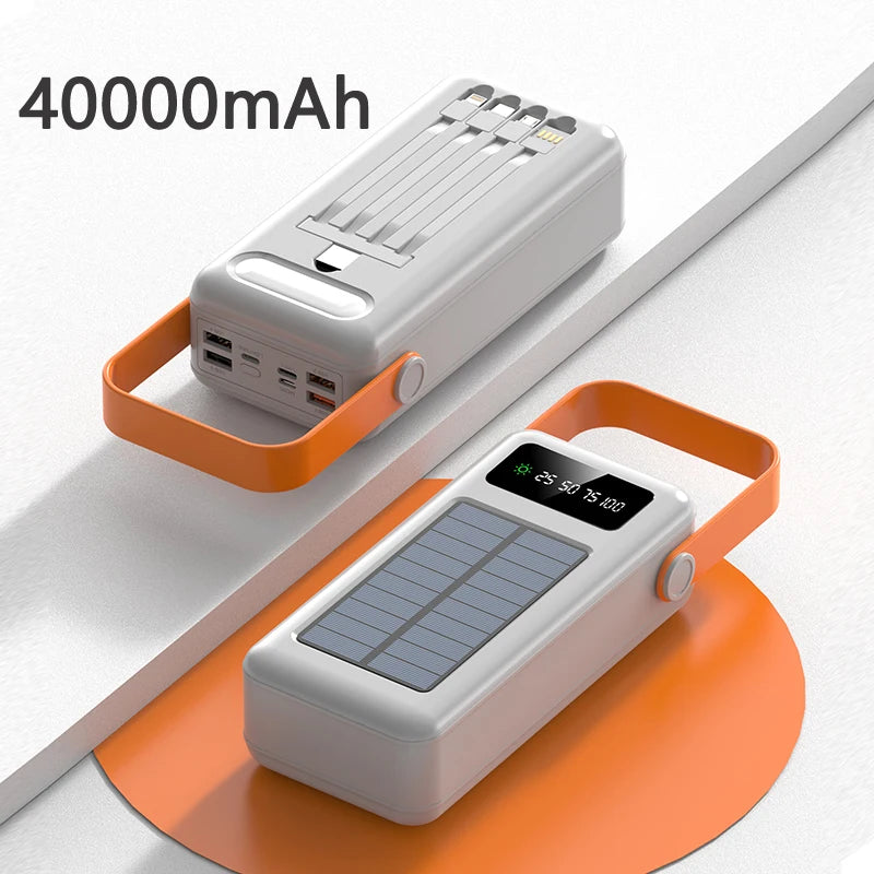 50000mah Solar Power Bank Built Cables Portable Charger Powerbank for iPhone 16 XIAOMI External Battery High Capacity Poverbank