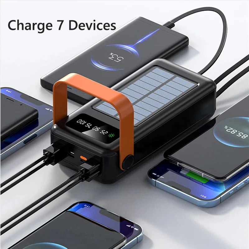 50000mah Solar Power Bank Built Cables Portable Charger Powerbank for iPhone 16 XIAOMI External Battery High Capacity Poverbank