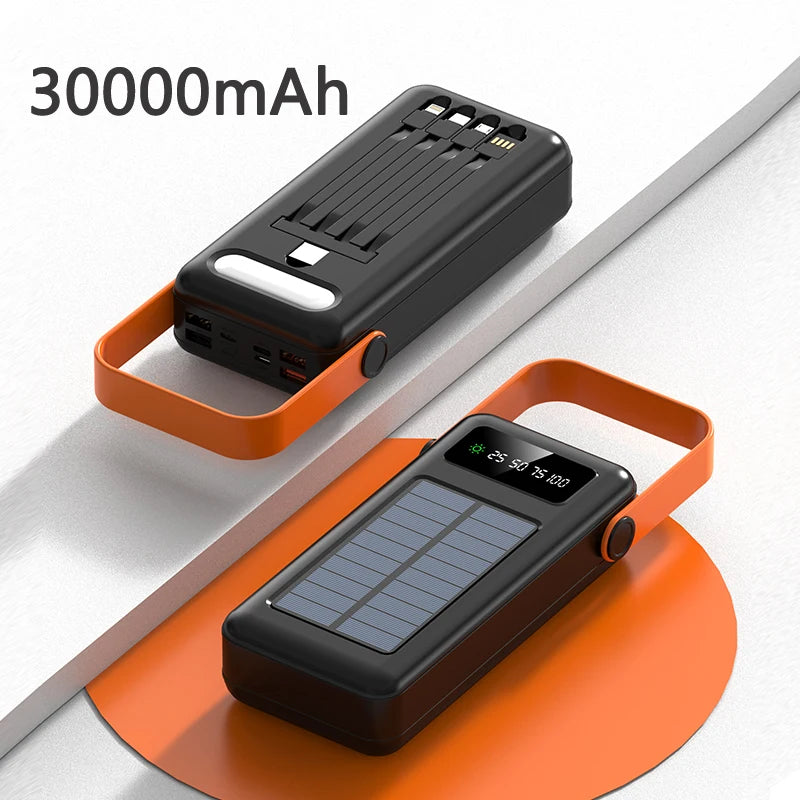 50000mah Solar Power Bank Built Cables Portable Charger Powerbank for iPhone 16 XIAOMI External Battery High Capacity Poverbank