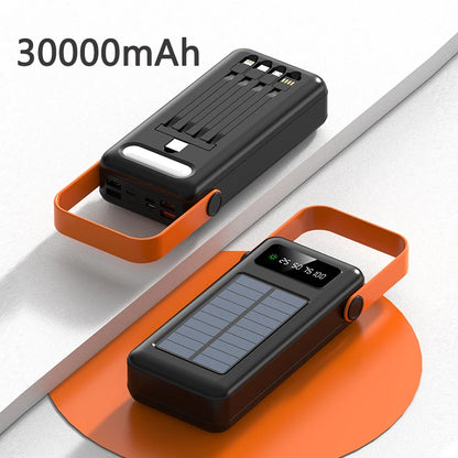 50000mah Solar Power Bank Built Cables Portable Charger Powerbank for iPhone 16 XIAOMI External Battery High Capacity Poverbank