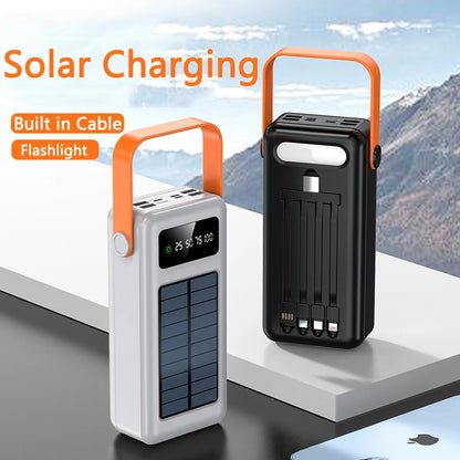 50000mah Solar Power Bank Built Cables Portable Charger Powerbank for iPhone 16 XIAOMI External Battery High Capacity Poverbank