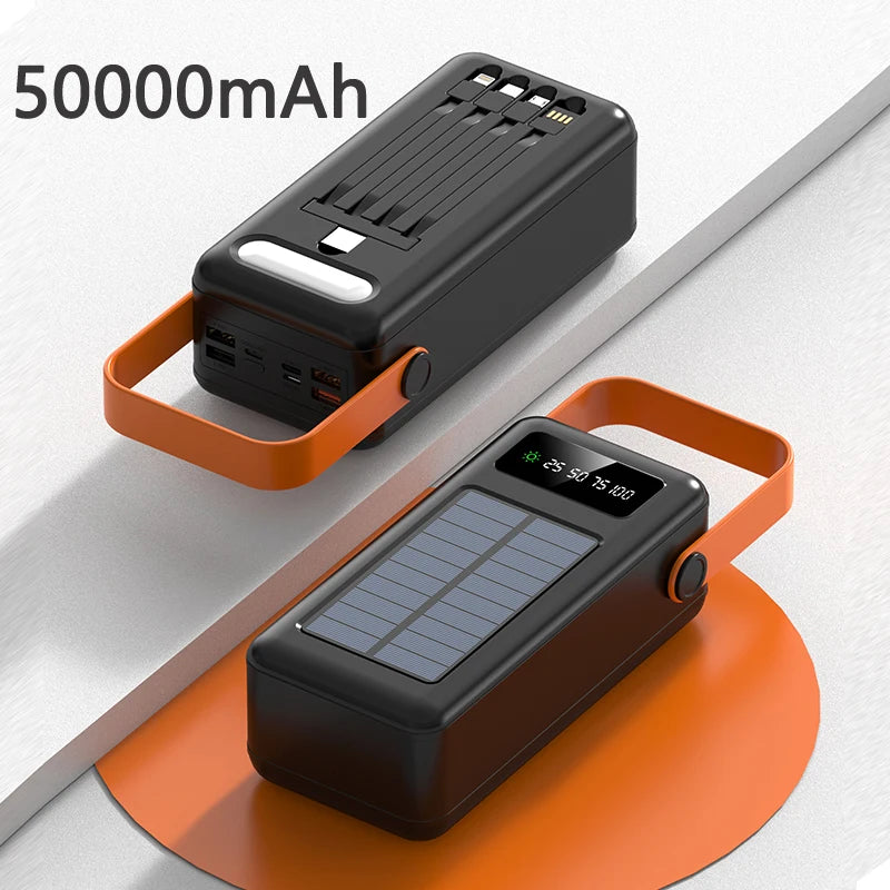 50000mah Solar Power Bank Built Cables Portable Charger Powerbank for iPhone 16 XIAOMI External Battery High Capacity Poverbank