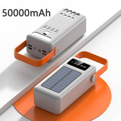 50000mah Solar Power Bank Built Cables Portable Charger Powerbank for iPhone 16 XIAOMI External Battery High Capacity Poverbank