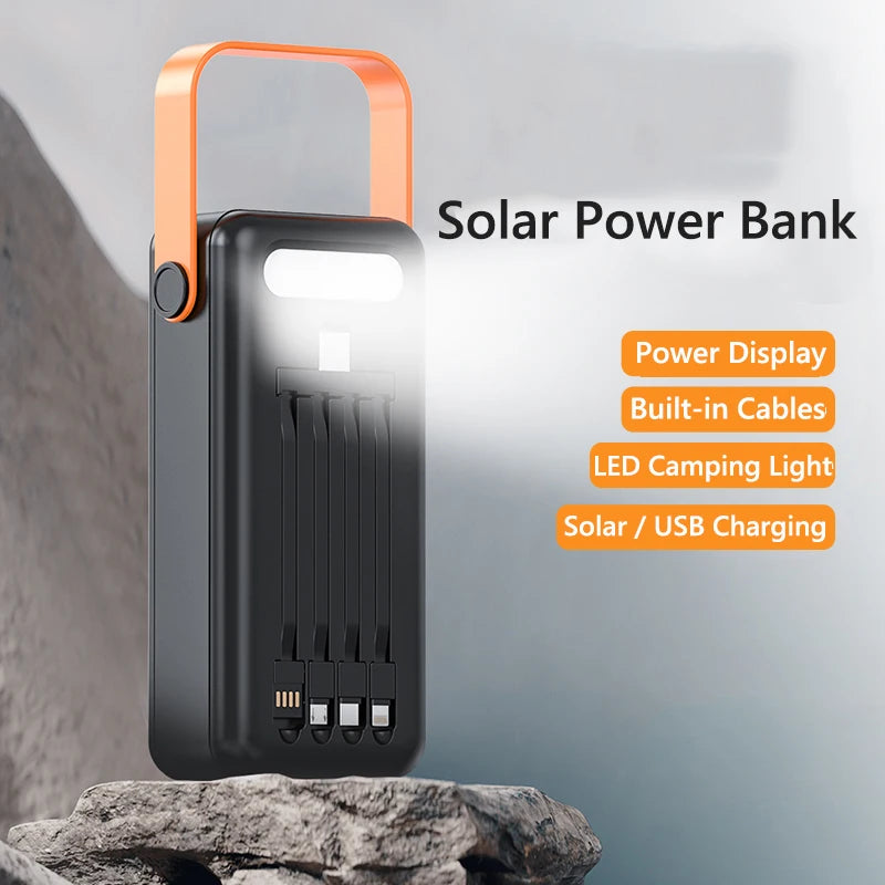 50000mah Solar Power Bank Built Cables Portable Charger Powerbank for iPhone 16 XIAOMI External Battery High Capacity Poverbank