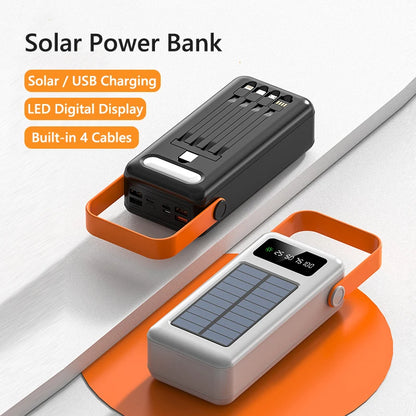 50000mah Solar Power Bank Built Cables Portable Charger Powerbank for iPhone 16 XIAOMI External Battery High Capacity Poverbank