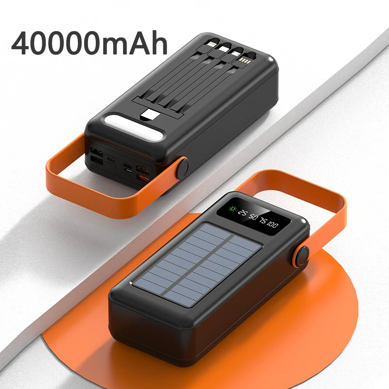 50000mah Solar Power Bank Built Cables Portable Charger Powerbank for iPhone 16 XIAOMI External Battery High Capacity Poverbank