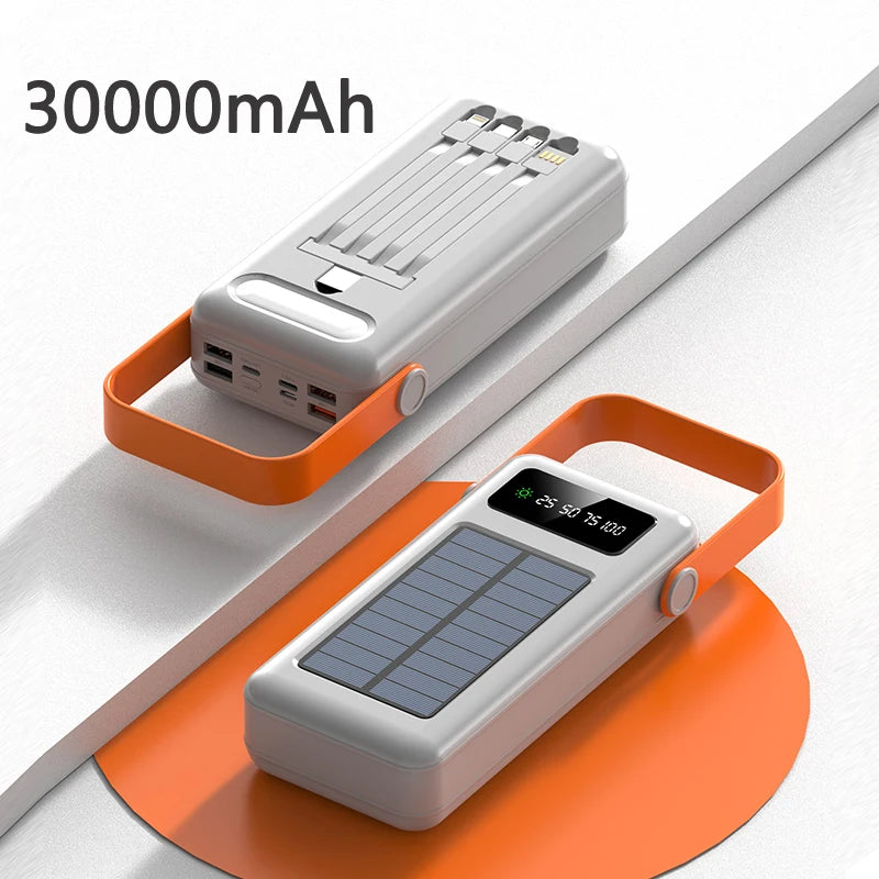 50000mah Solar Power Bank Built Cables Portable Charger Powerbank for iPhone 16 XIAOMI External Battery High Capacity Poverbank